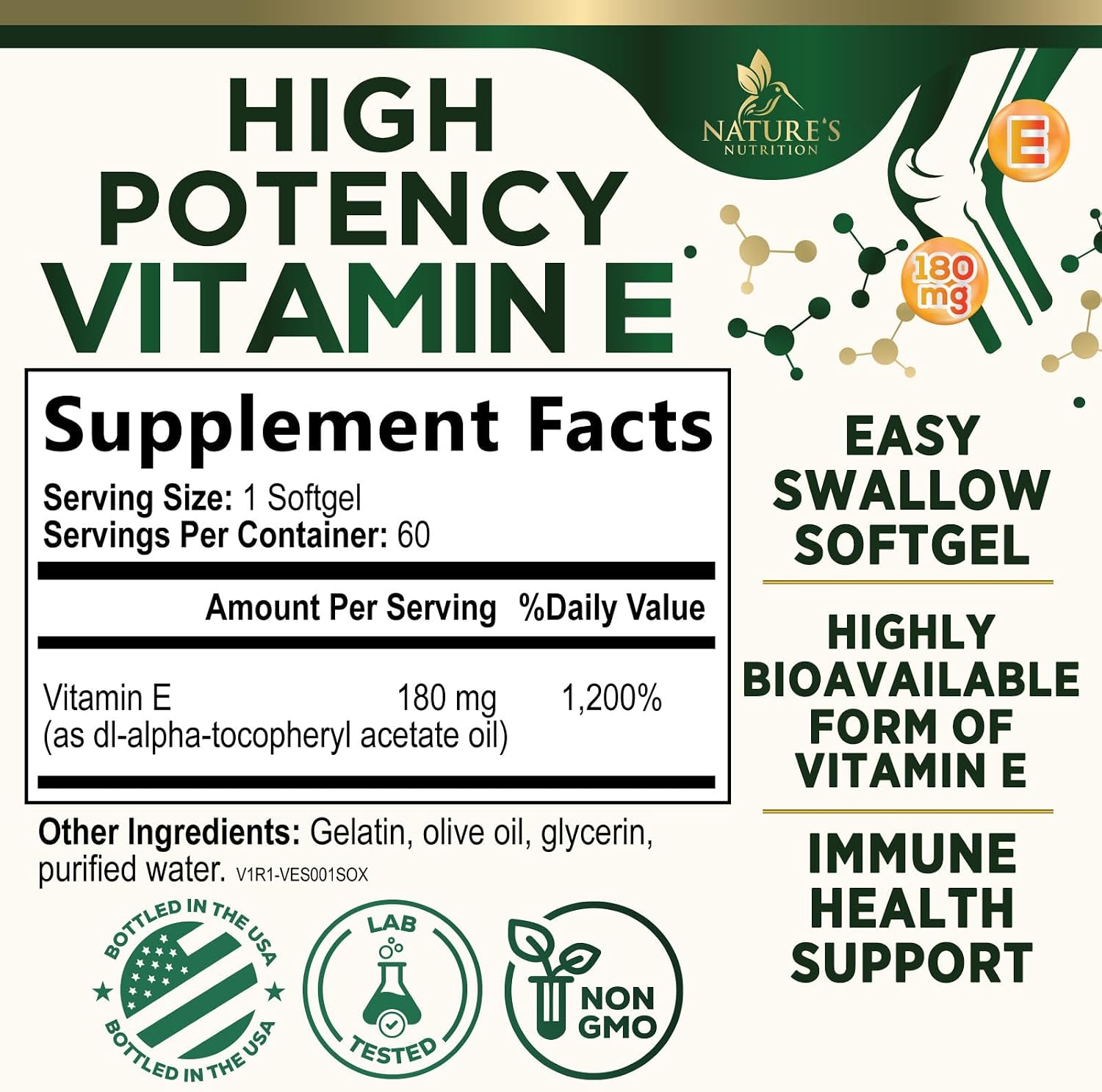 Vitamina E 180mg por Dosis - DL-Alfa Tocoferol - 60 Softgels