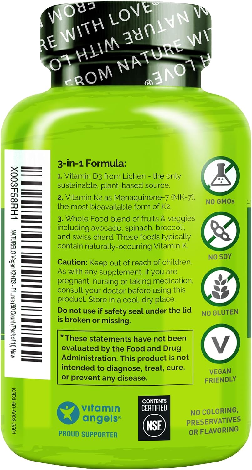 NATURELO Vitamina D3 K2 - Vegano con D3 de Liquen y K2 MK-7 - 60 Cápsulas (Pack de 2)