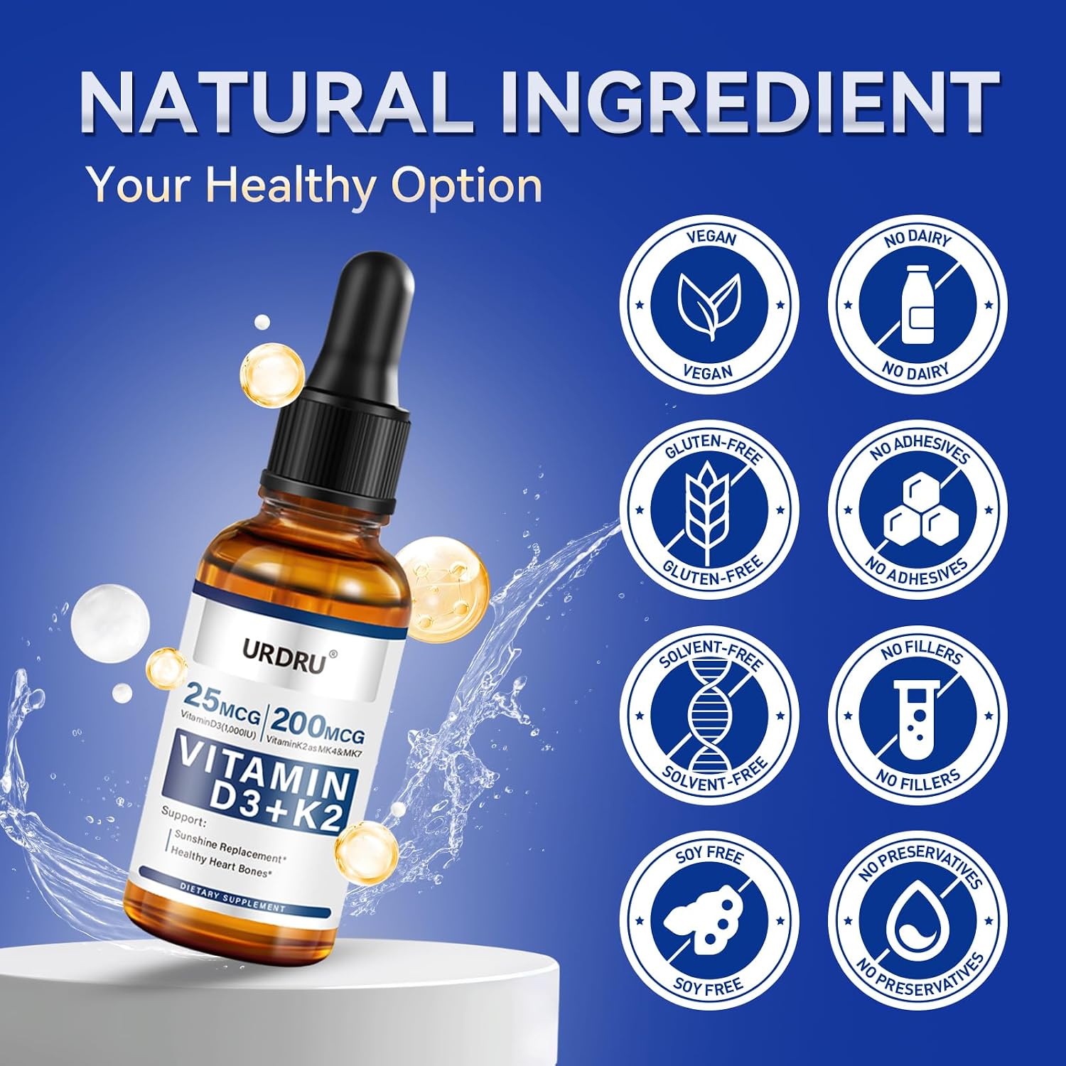 URDRU Gotas Líquidas Orgánicas de Vitamina D3 y K2 - 30ml