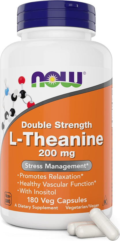NOW Foods L-Theanine 200 mg con Inositol 100 mg, 180 Cápsulas Vegetales - Doble Concentración – Image 1