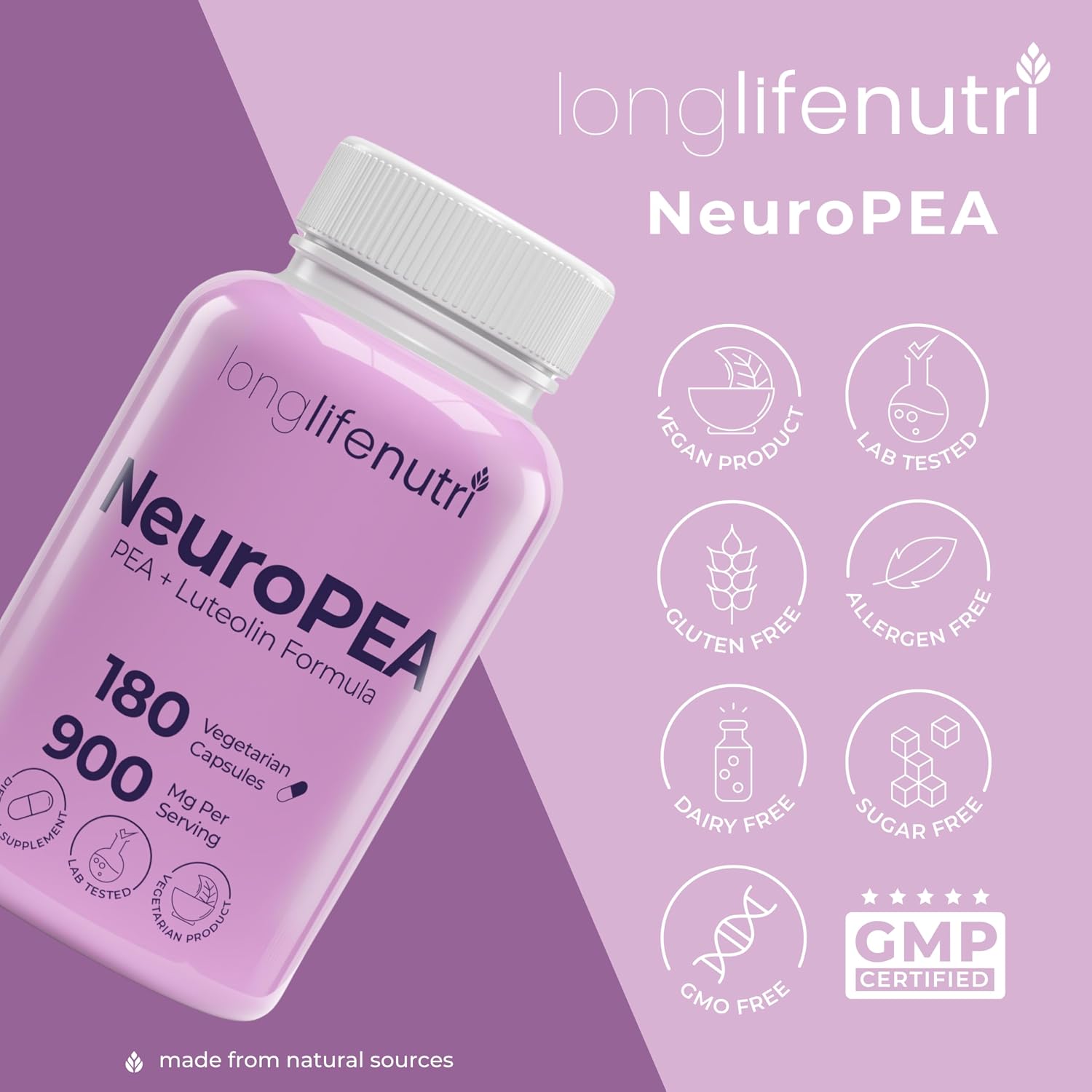 LongLifeNutri NeuroPEA (Palmitoiletanolamida + Luteolina 800mg/100mg) – Suplemento Orgánico para el Rendimiento Nervioso, 180 Cápsulas Vegetarianas (3 Meses)