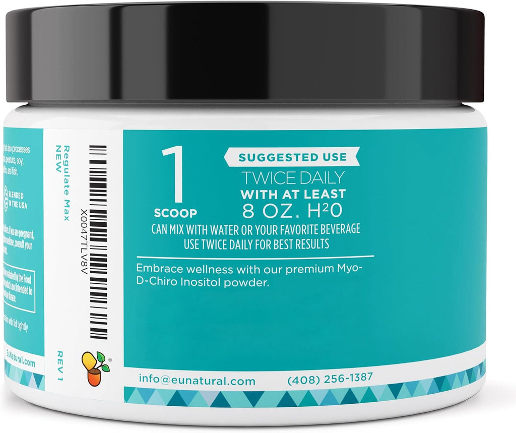 Regulate MAX Myo-Inositol y D-Chiro Inositol en Polvo para Mujeres con Vitamina D y Folato, sin Sabor, 60 porciones