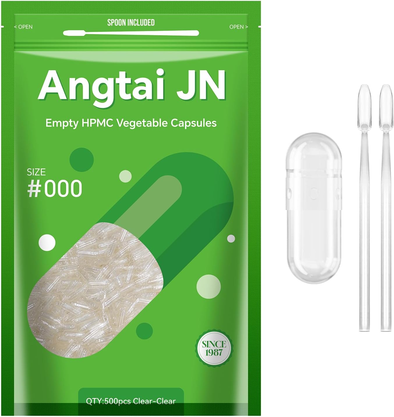 Cápsulas Vacías Veganas Tamaño 000 (100 uds) – Kit de Llenado con 2 Cucharas, Sin Gluten, Sin OGM, Certificado Halal
