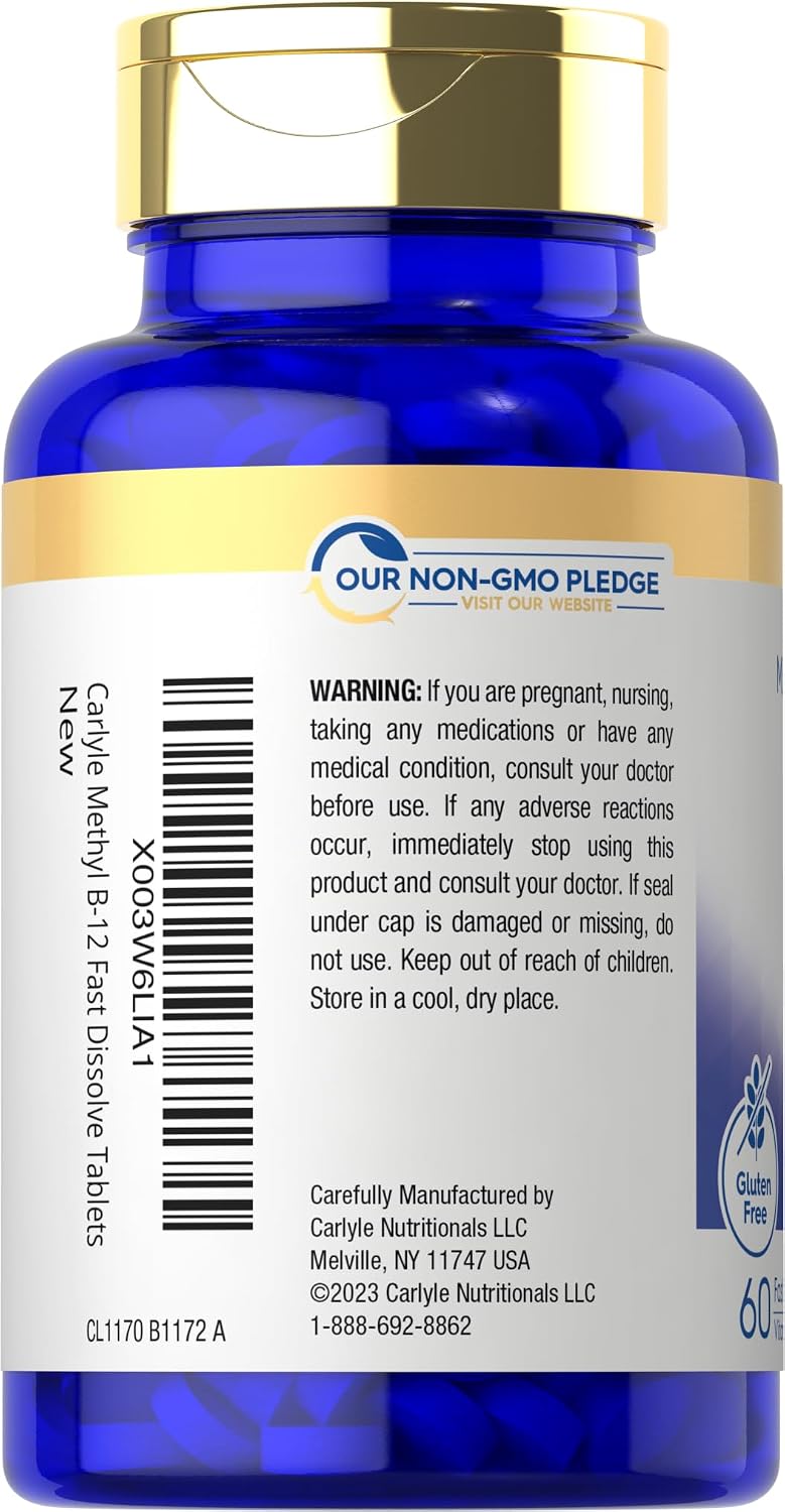 Carlyle Metilcobalamina Vitamina B12 5000mcg | 60 Comprimidos de Disolución Rápida | para Adultos | Vegetariano, Sin Gluten y No-GMO