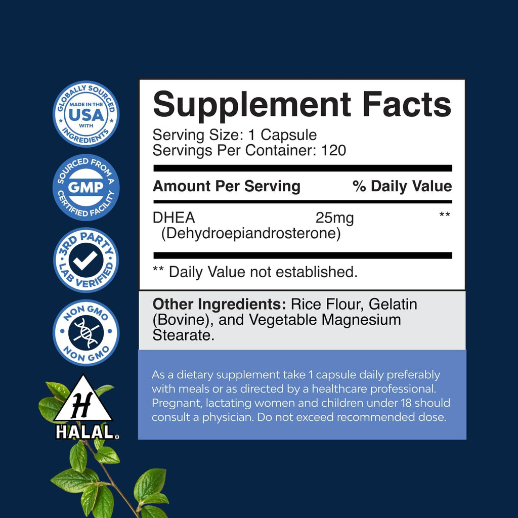 DHEA 25 mg - 120 Cápsulas - Suplemento de Dehidroepiandrosterona para Hombres y Mujeres