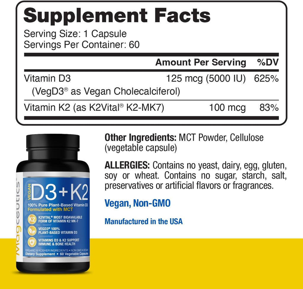 Magceutics Vitamin D3 K2 with MCT, 5000 IU Vegan D3 & 100 mcg MK7 K2, 60 Cápsulas