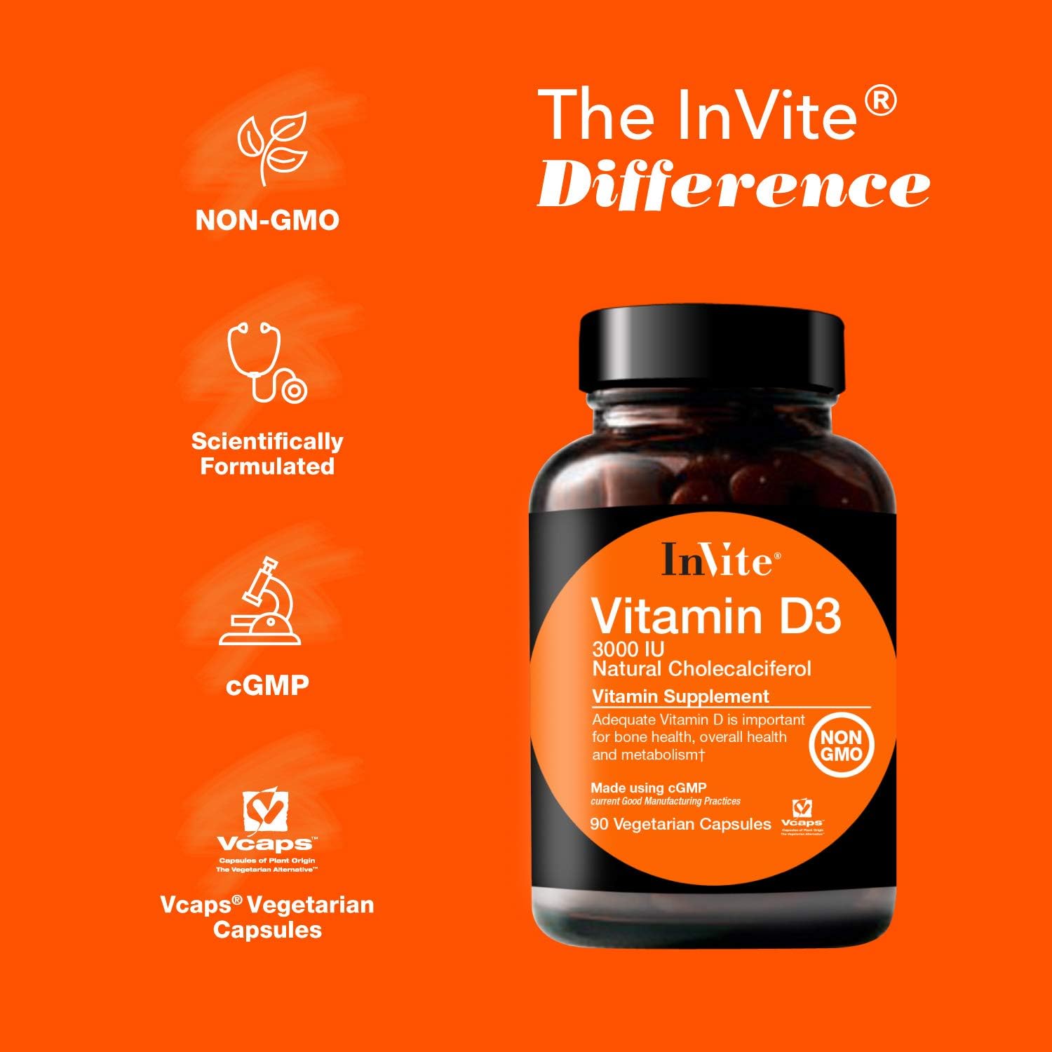 Invite Health Vitamina D3 3000 IU - 90 Cápsulas Veganas (Pack de 2)