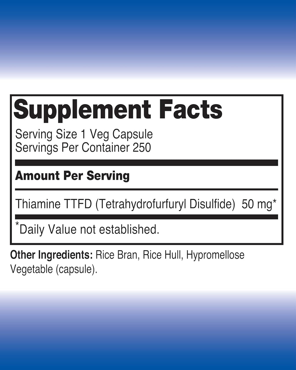 Vitamina B1 Tiamina TTFD - 50 mg - 250 Cápsulas - Vegano