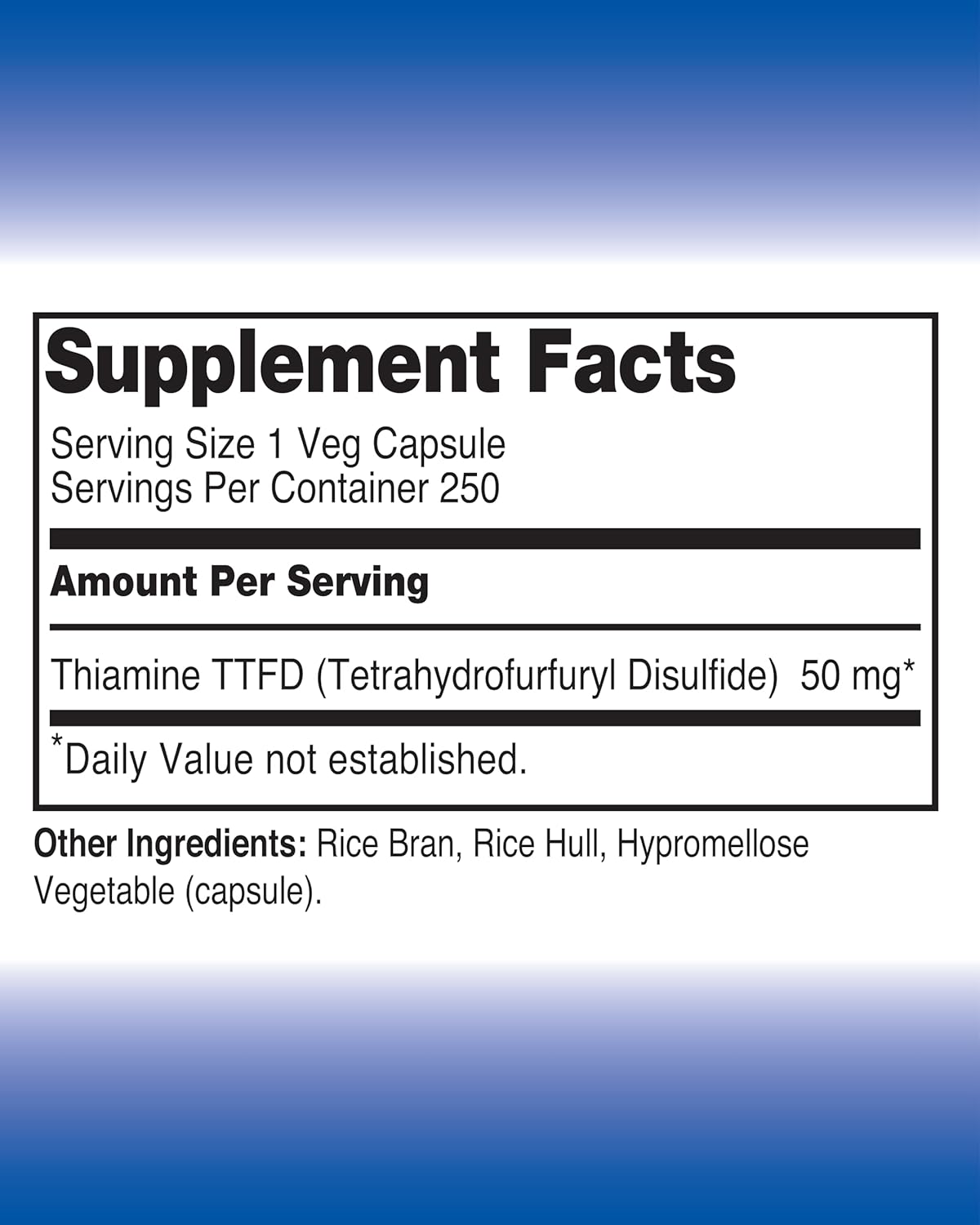 Vitamina B1 Tiamina TTFD - 50 mg - 250 Cápsulas - Vegano
