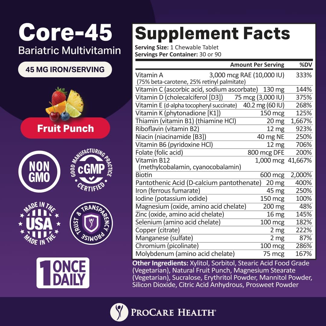 ProCare Health Multivitamínico Bariátrico con Hierro 45mg - 90 Comprimidos Masticables Sabor Frutas