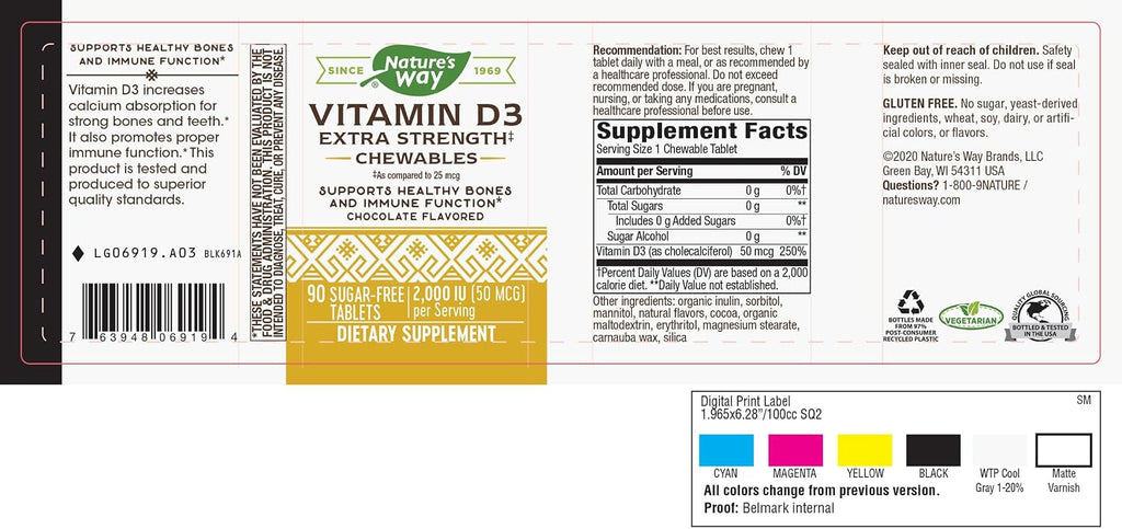 Nature's Way Vitamina D3 Extra Strength, Sin Azúcar, Sabor Chocolate, 90 Comprimidos Masticables