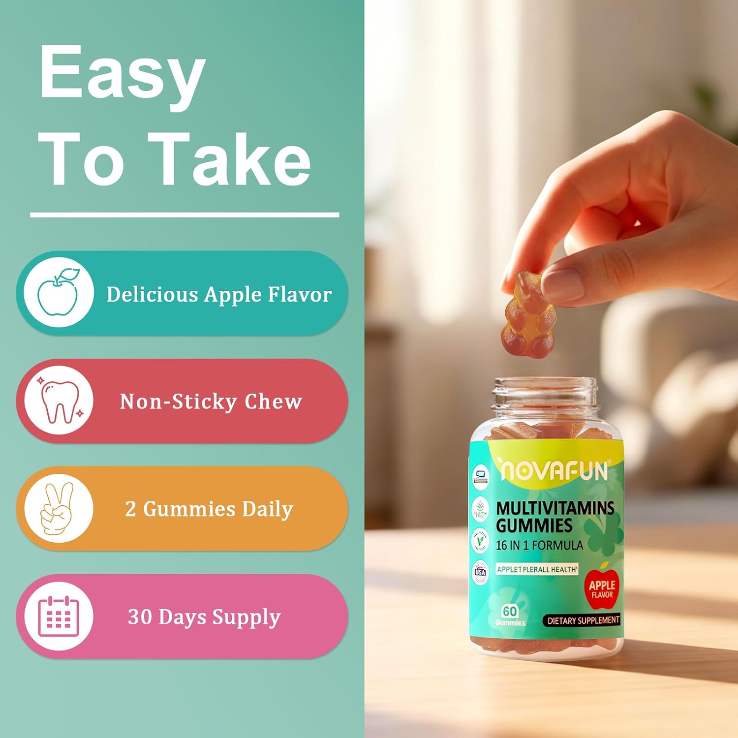 Novafun Multivitamin Gummies - 16 en 1, para Mujeres, Hombres y Niños, Vegano, Sin Azúcar, 60 Gominolas