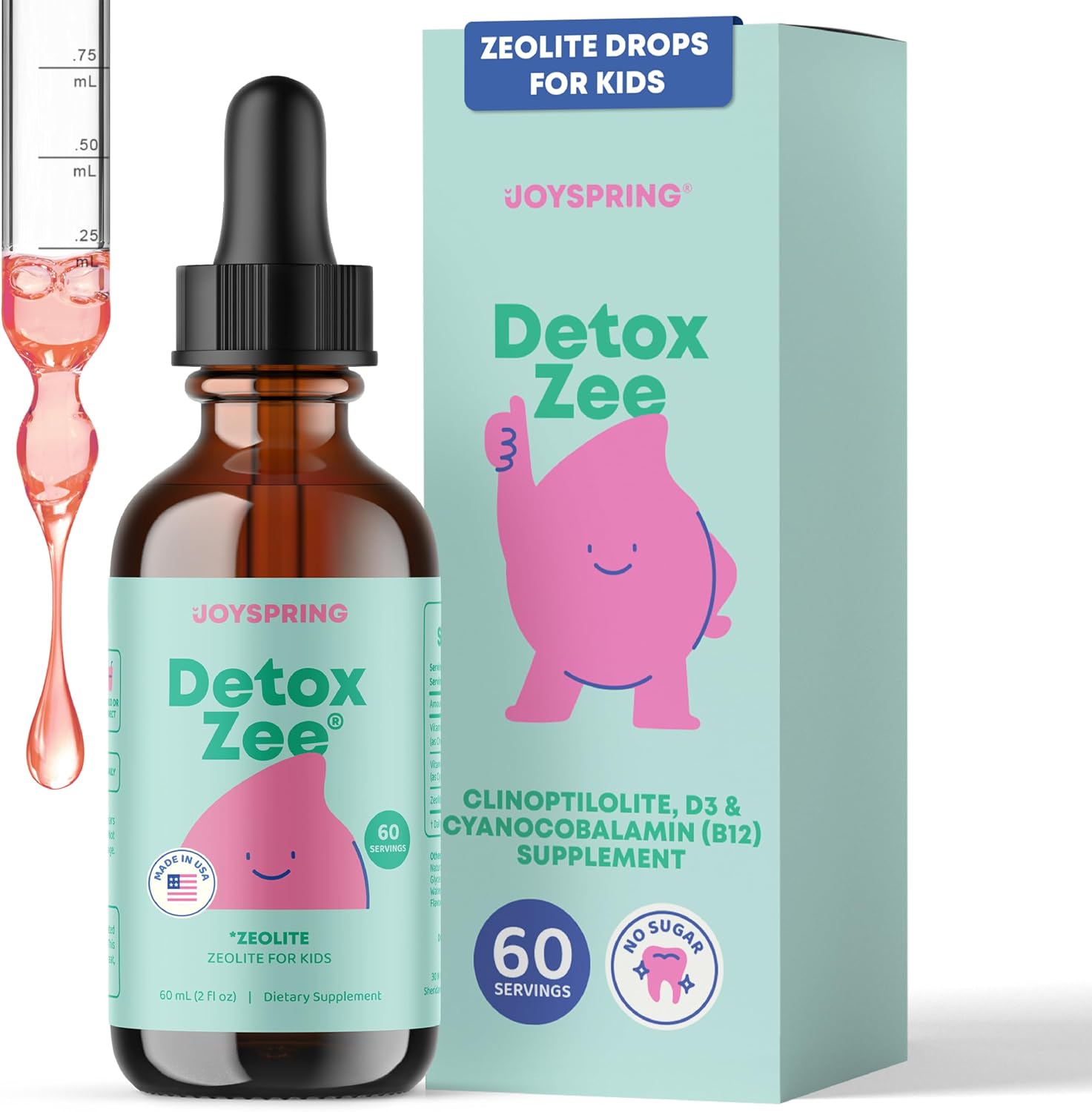 JoySpring DetoxZee Kids – Gotas de Zeolita con Vitamina D3 y B12 – Sabor a Bayas Suave – 30 Dosis