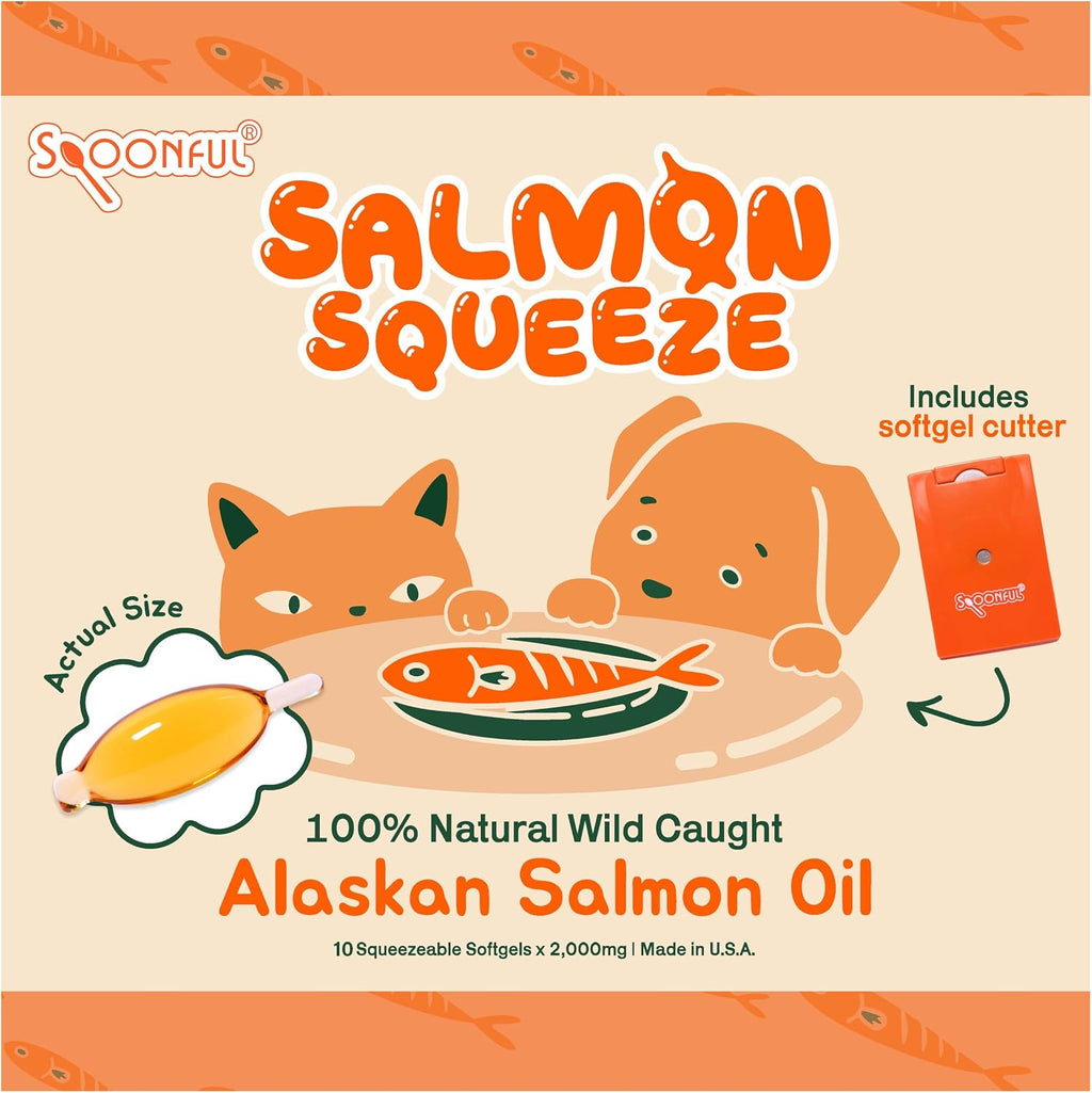 Spoonful Salmon Squeeze - Aceite de Salmón Salvaje de Alaska 100% Natural, 2000 mg Omega-3 Softgel, 10 Softgels Exprimibles | DHA, EPA y Astaxantina Natural, No GMO, Sostenible, Hecho en EE. UU.