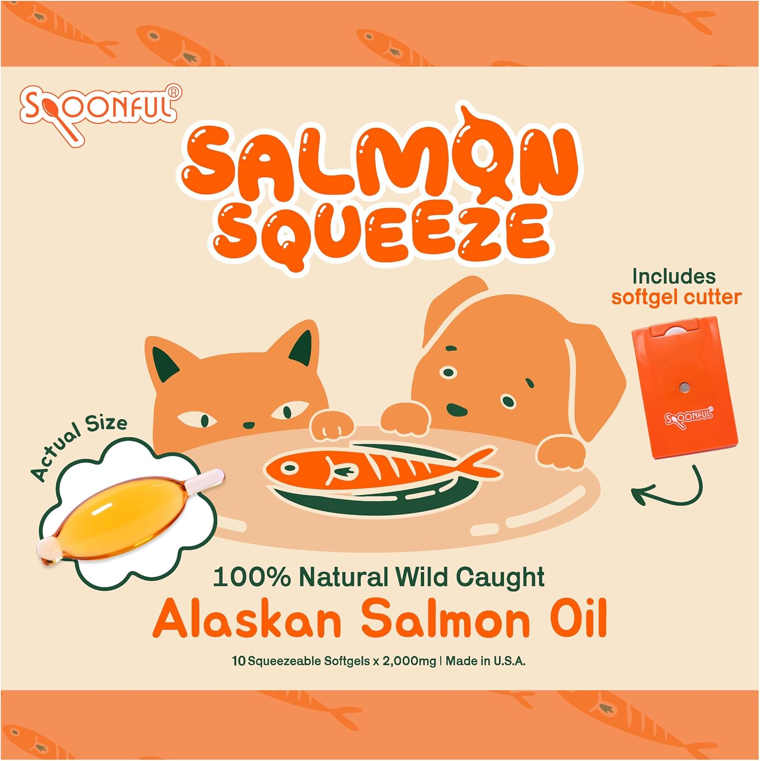 Spoonful Salmon Squeeze - Aceite de Salmón Salvaje de Alaska 100% Natural, 2000 mg Omega-3 Softgel, 10 Softgels Exprimibles | DHA, EPA y Astaxantina Natural, No GMO, Sostenible, Hecho en EE. UU.