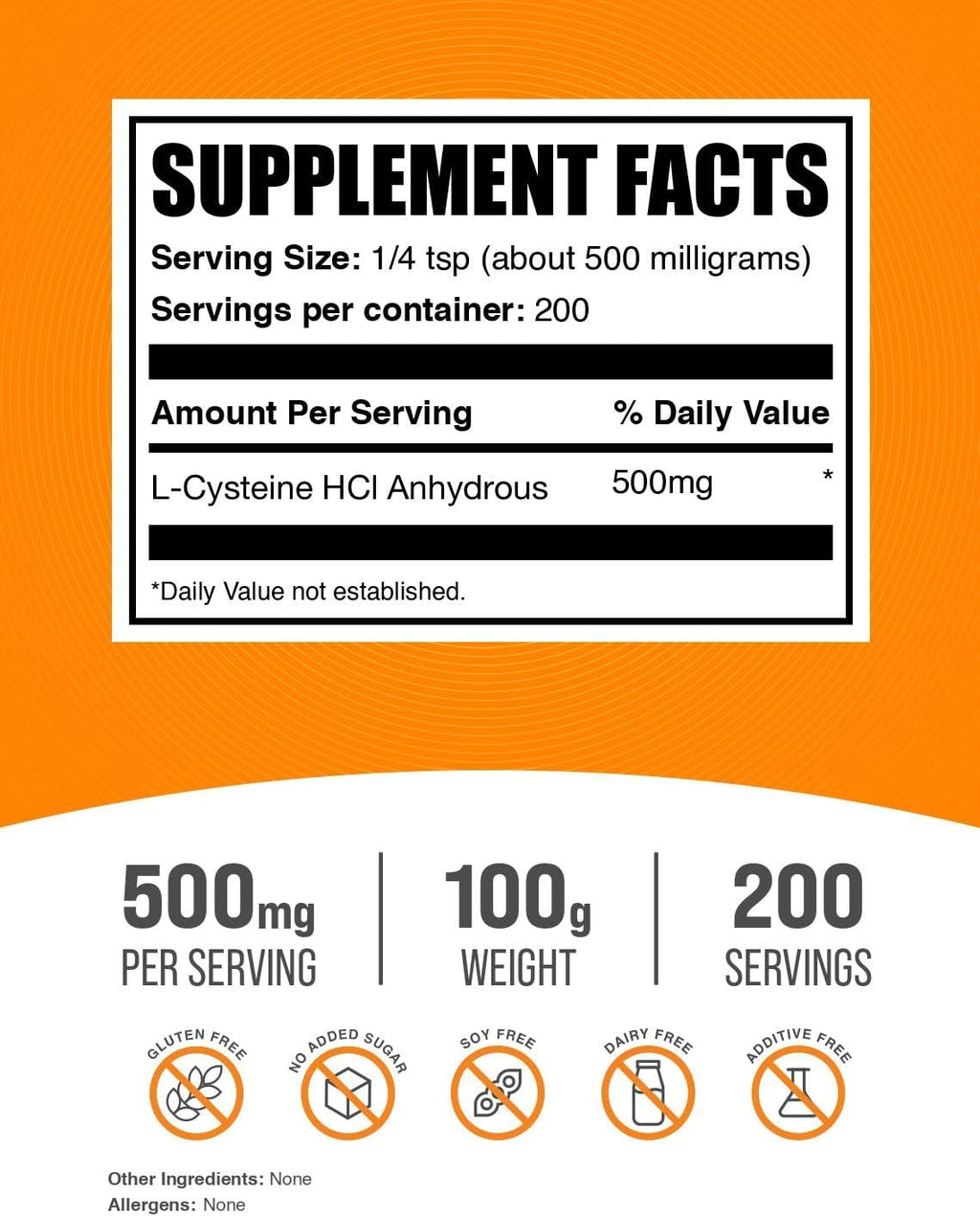 BulkSupplements.com L-Cisteína HCl en polvo - 500mg por ración, 100g