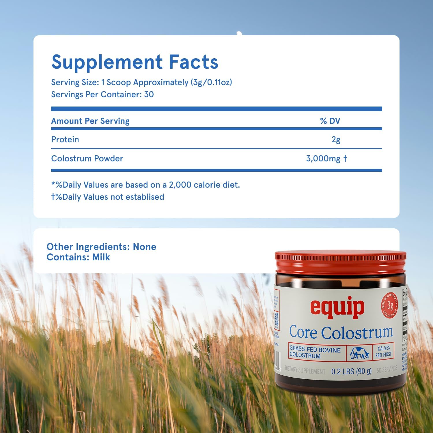 Equip Foods Core Bovine Colostrum Powder - 3000mg, Grass Fed, 30 Servicios
