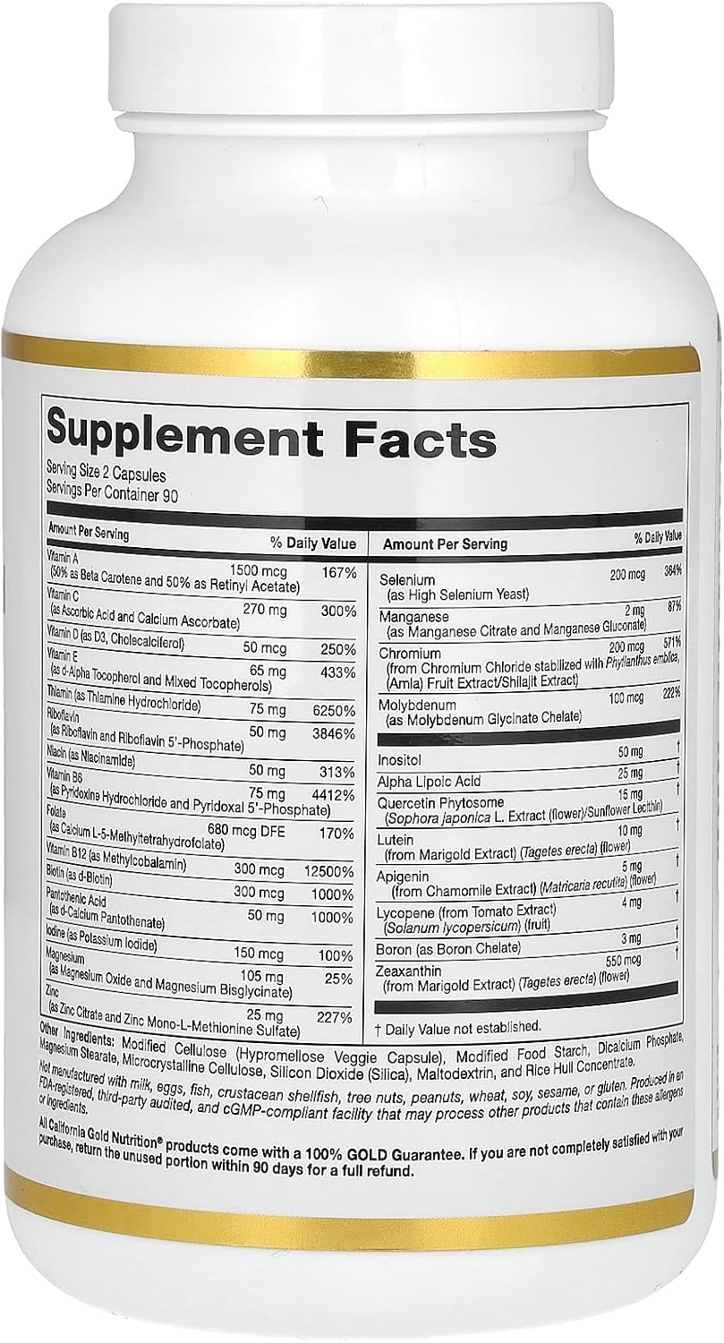 California Gold Nutrition Multivitamínico y Mineral con Metil B12, Vitamina C, L-Metilfolato y Bio-Quercetina - Two-A-Day, 180 Cápsulas Vegetales