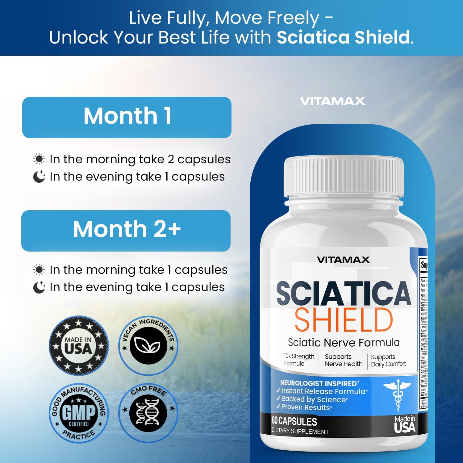 Sciatic Nerve Health Support Supplement – Fórmula Avanzada 10x con Ácido Alfa Lipoico, Ácido Fólico, Cúrcuma, Glucosamina, MSM y Complejo Vitamínico B – 60 Cápsulas