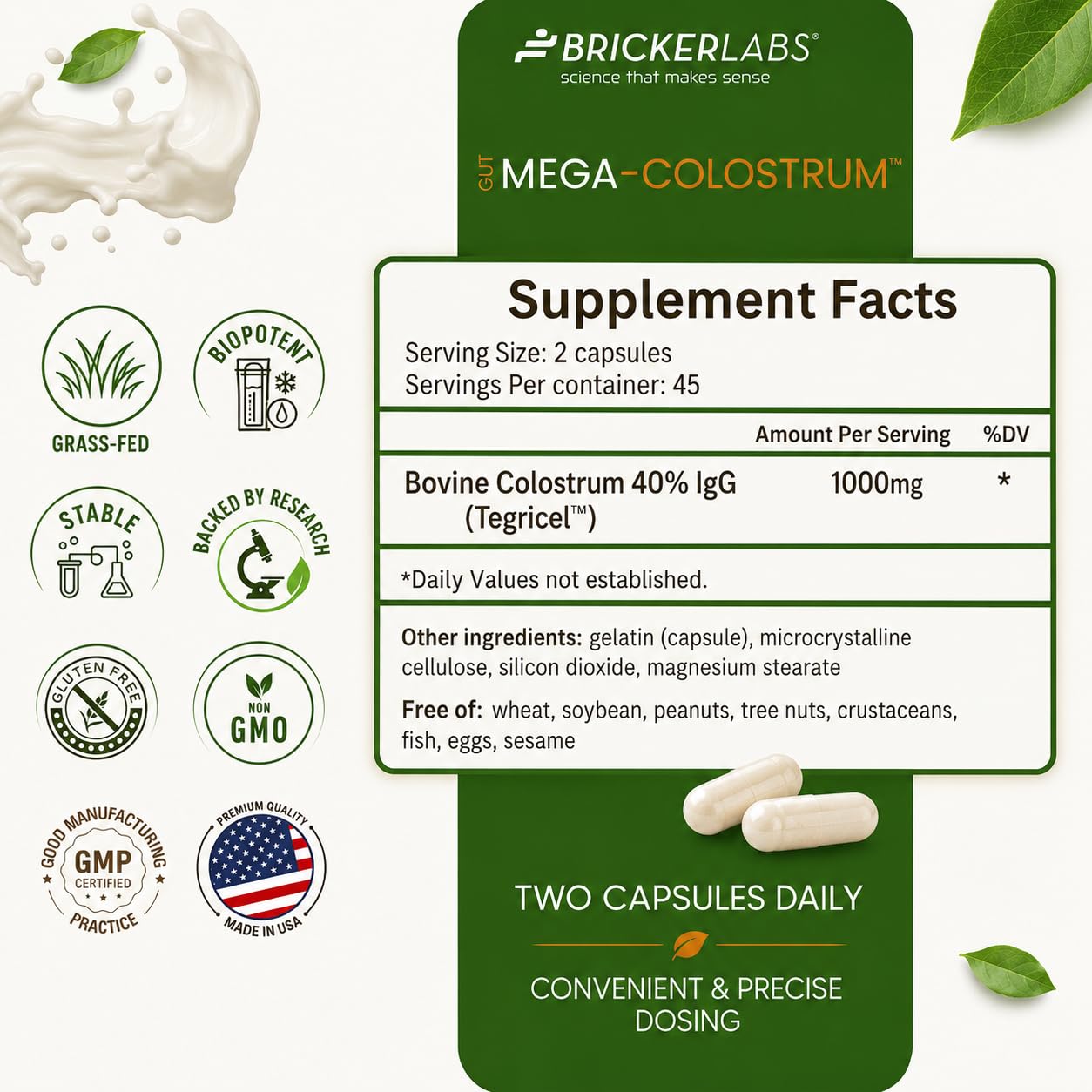 Bricker Labs Mega-Colostrum Cápsulas - Calostro Bovino 1000 mg con 40% IgG, 45 Cápsulas