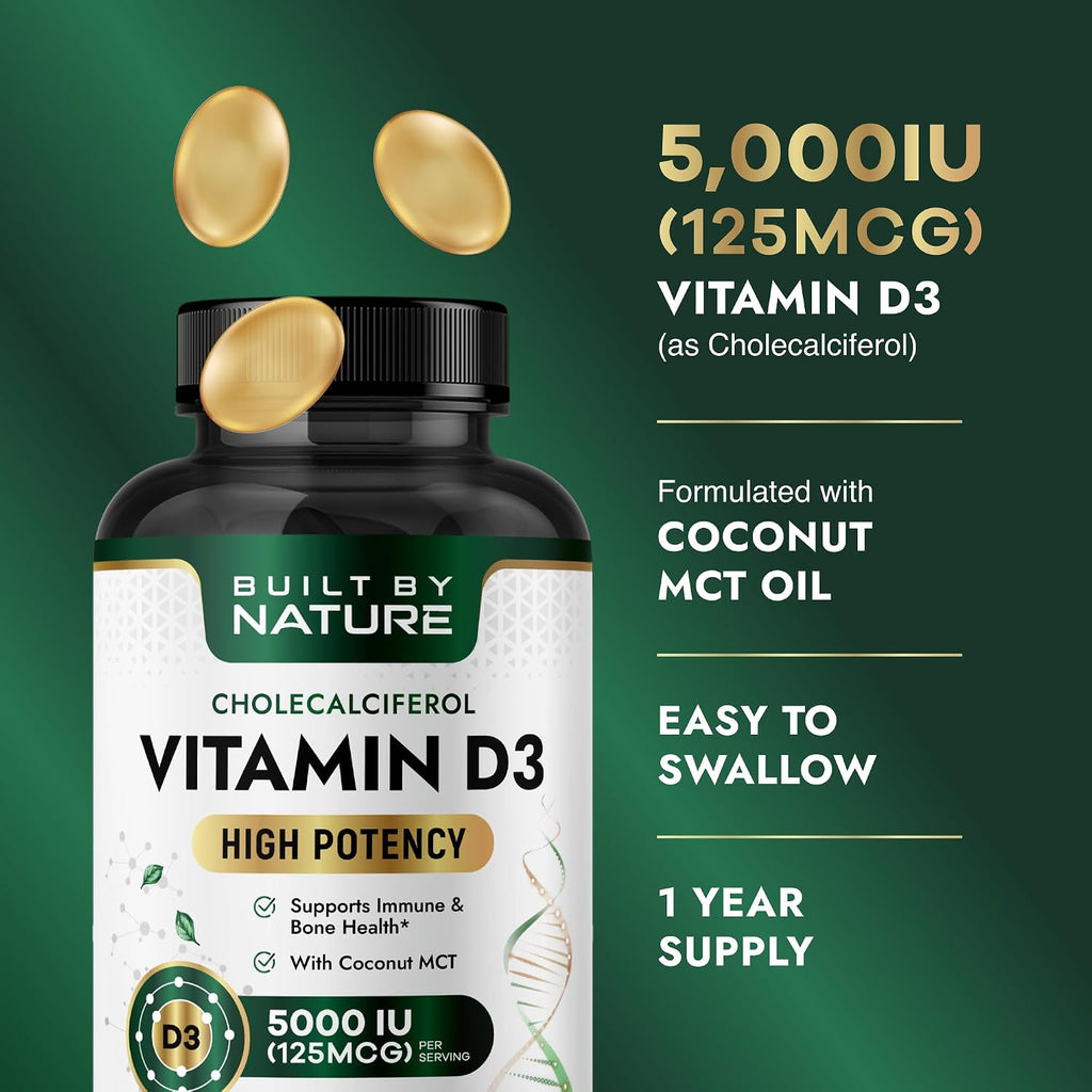 Built by Nature Vitamina D3 5000 UI, 360 Minicápsulas Blandas con Aceite MCT de Coco