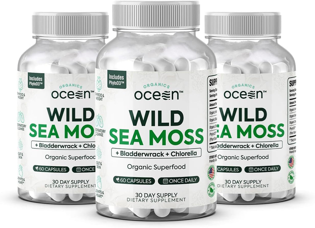 Organics Ocean Wild Sea Moss Cápsulas - Musgo Marino Orgánico con Chlorella, Bladderwrack y Vitamina D - 3 Botellas