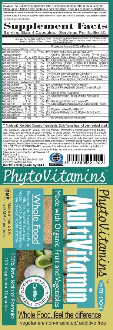 Nature's Brands Multivitamínico Orgánico de Alimentos Integrales con Hierro - 120 Cápsulas Vegetarianas