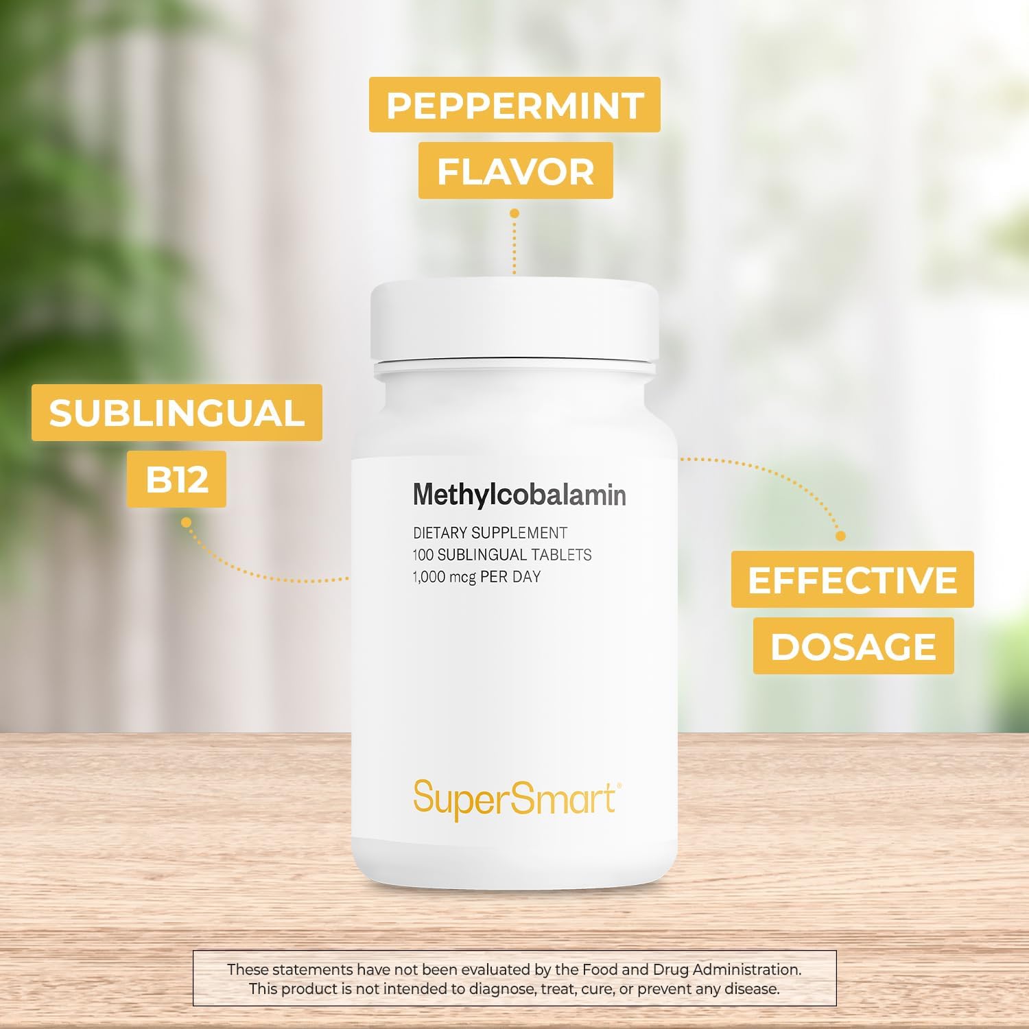 Supersmart - Metilcobalamina B12 1000 mcg Sublingual, Sabor Menta, 100 Comprimidos