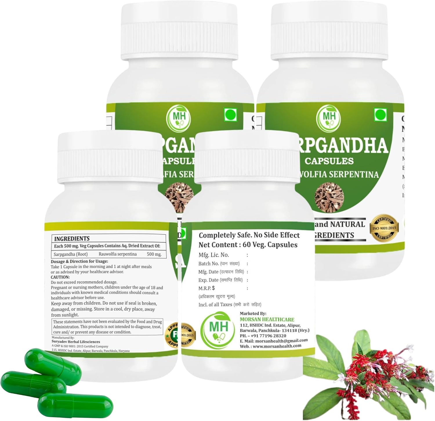 Cápsulas de Sarpgandha (Rauwolfia serpentina) de Morsan Healthcare, Paquete de 4 x 60 cápsulas veganas de 500 mg