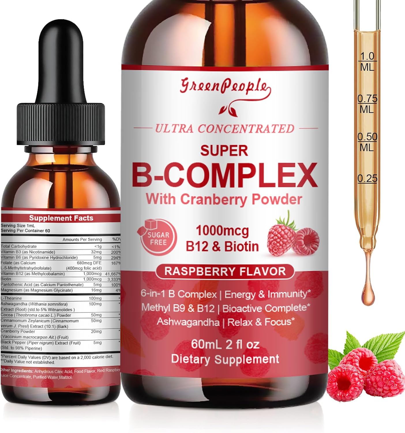 Complejo B Metilado GREENPEOPLE | Metil B12 + L-Metilfolato | 6 Vitaminas B con Magnesio, Ashwagandha y L-Teanina | 2 frascos de 60 ml | Vegano