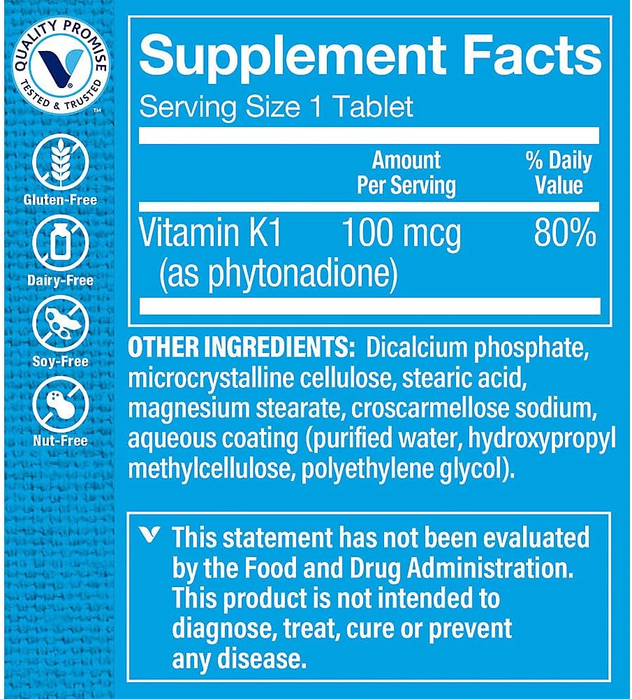The Vitamin Shoppe Vitamina K1 100 mcg – Suplemento diario – 100 comprimidos