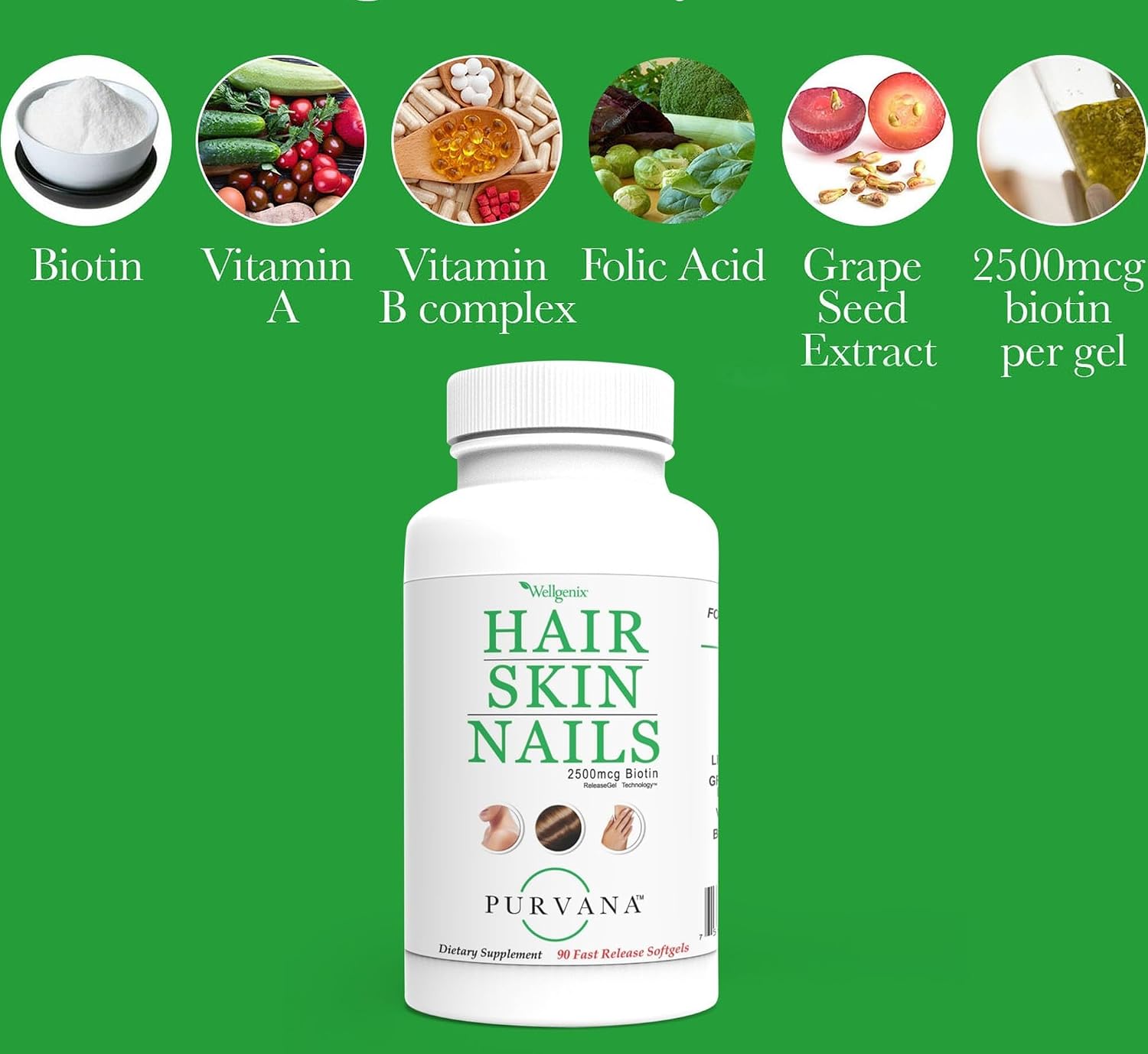 Wellgenix Purvana Suplemento para Cabello, Piel y Uñas – 2500mcg Biotina con MSM y Complejo B – 90 Cápsulas Blandas