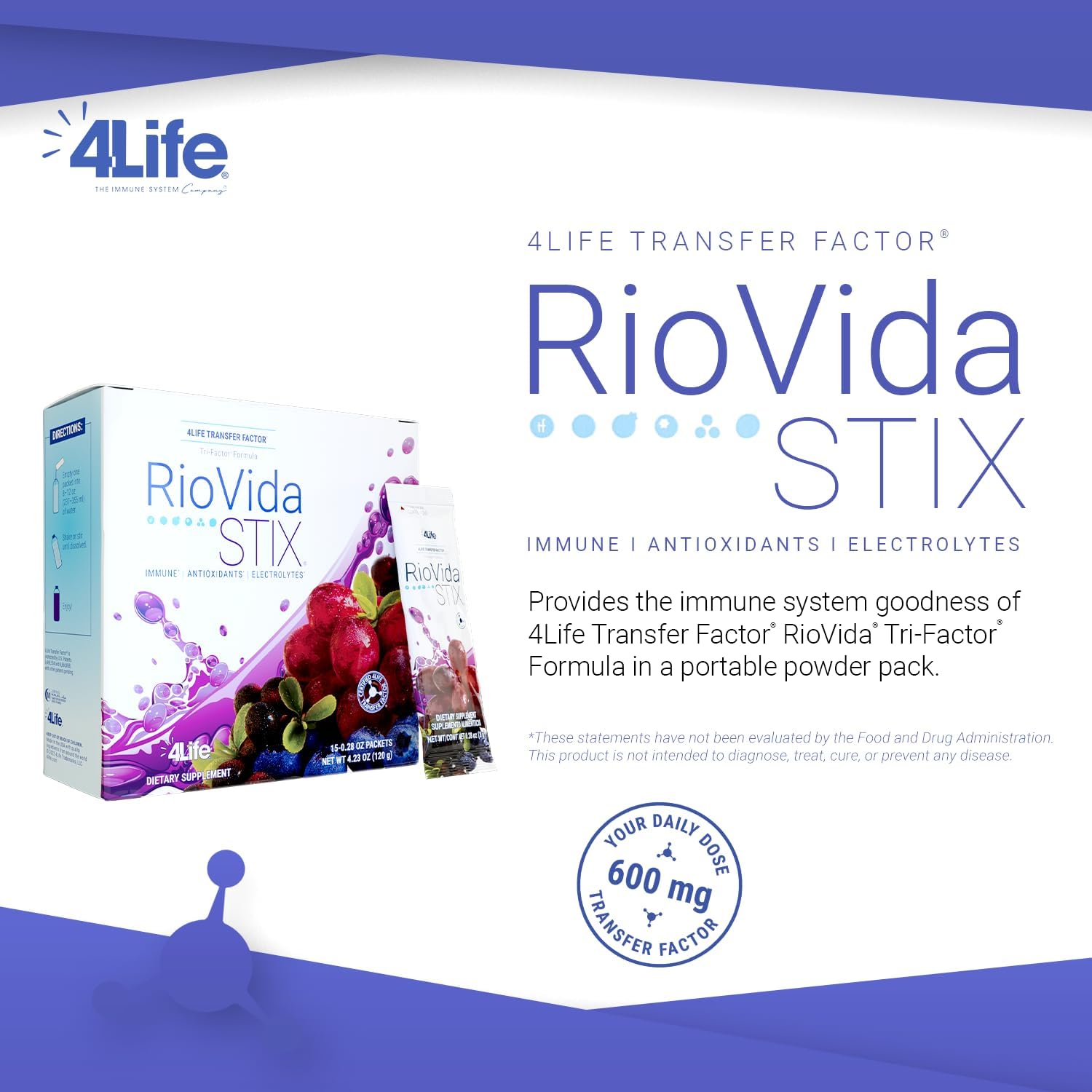 4Life RioVida Stix Superfruit Blend for Immune System, 15 Packets | Acai, Blueberry, Elderberry, Grape, Pomegranate, Electrolytes