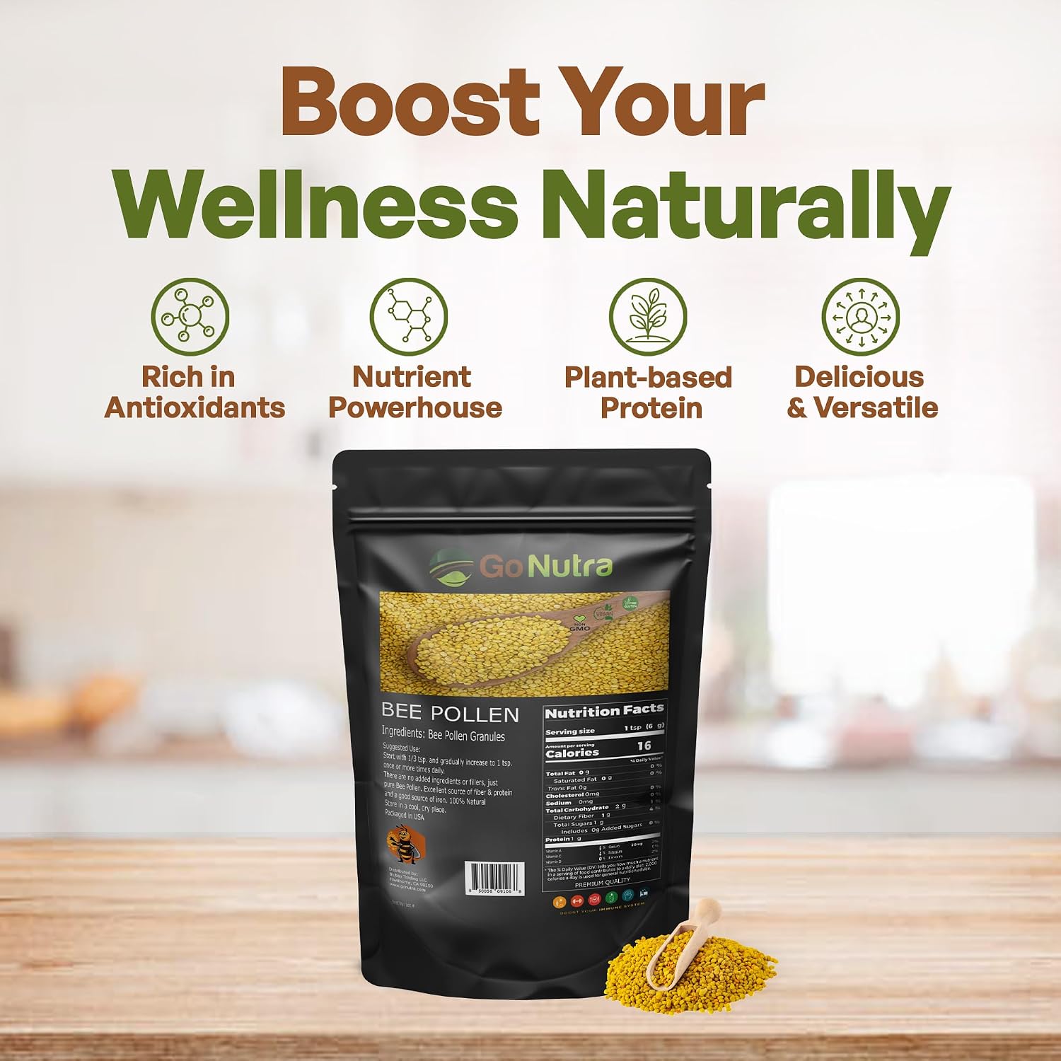 Go Nutra Gránulos de Polen de Abeja Puro - Superalimento Natural (454 g)
