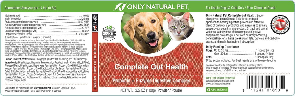 Only Natural Pet Complete Gut Health Complex - Probióticos y Enzimas Digestivas para Perros y Gatos - 99g (Pack de 2)