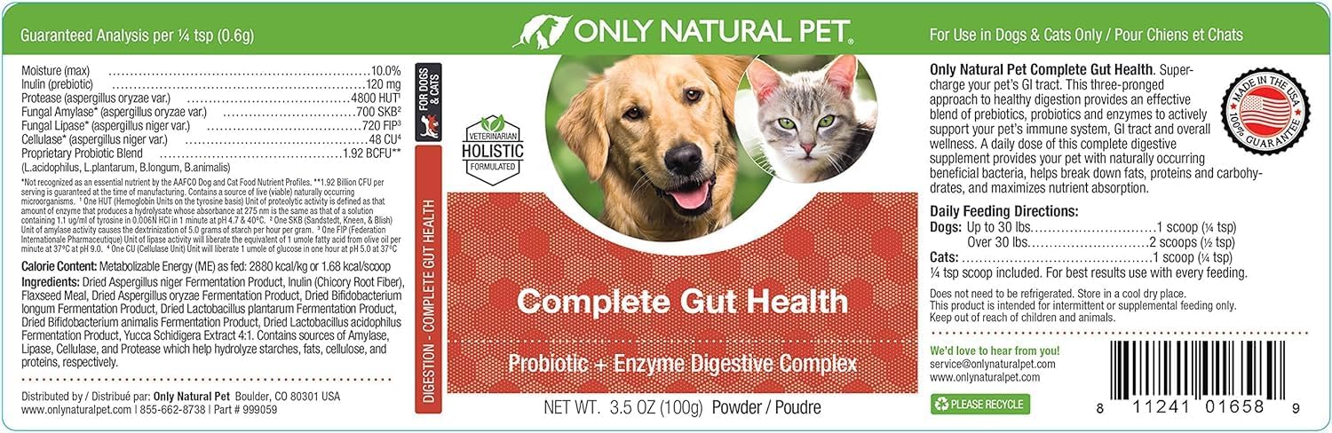 Only Natural Pet Complete Gut Health Complex - Probióticos y Enzimas Digestivas para Perros y Gatos - 99g (Pack de 2)