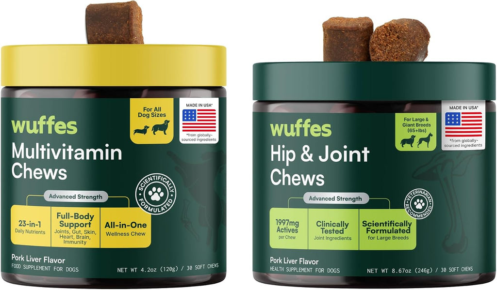Paquete de suplemento para cadera y articulaciones para razas grandes y multivitamínico 23 en 1 de Wuffes