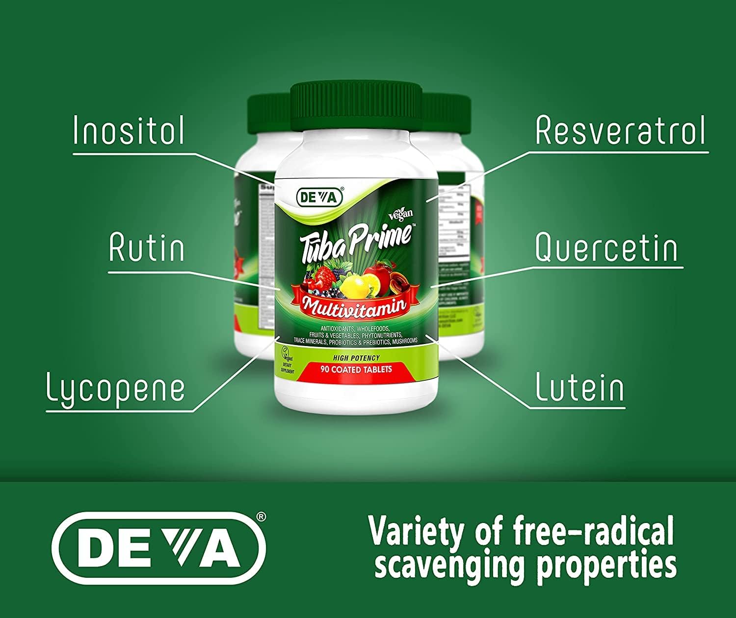 DEVA Tuba Prime Multivitamínico Vegano de Alta Potencia sin Hierro - 90 Comprimidos (2 Paquetes)