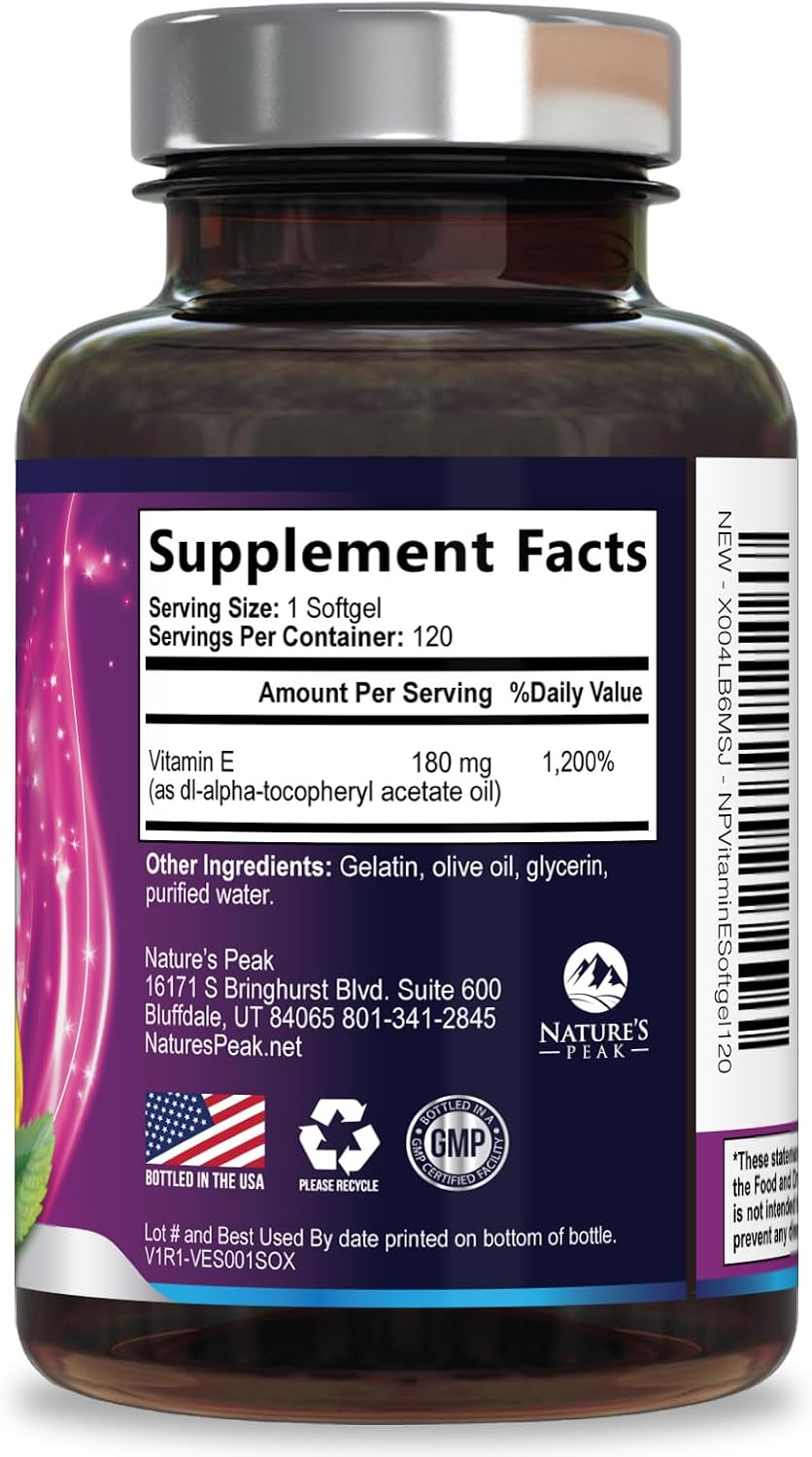 Vitamina E (DL-alfa-tocoferol) 180 mg por dosis - Cápsulas blandas - Apoyo antioxidante para piel, corazón e inmunidad - 120 cápsulas