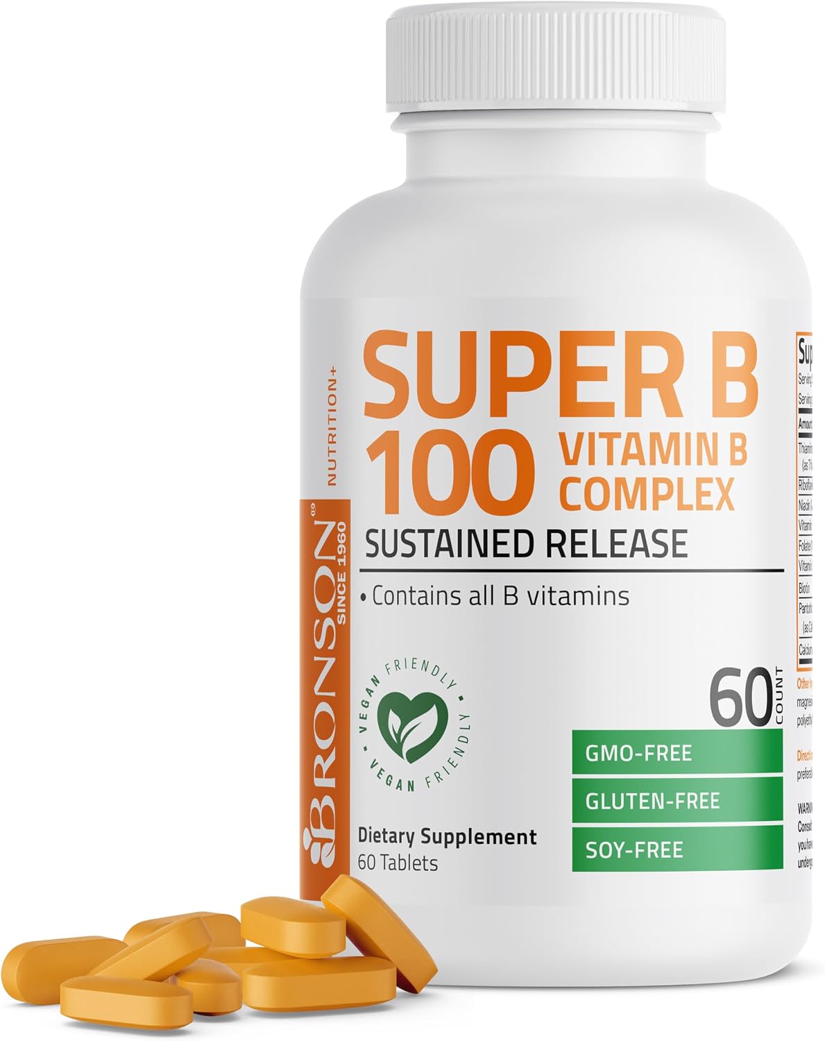 Bronson Super B100 Complejo de Vitamina B Liberación Sostenida con Todas las Vitaminas B (Vitamina B1, B2, B3, B6, B9 - Ácido Fólico, B12), 60 Comprimidos