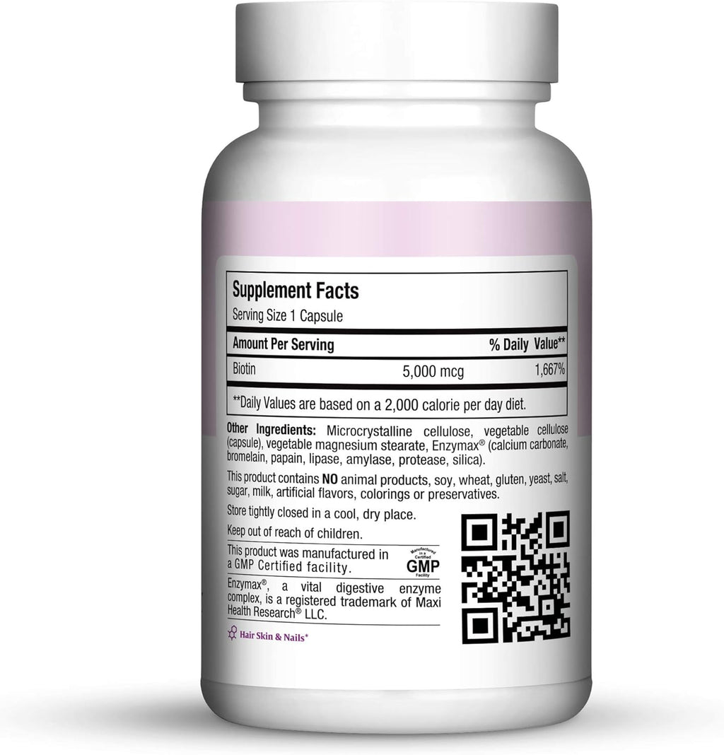 Maxi Health Biotin 5000 mcg – Biotin for Hair, Skin, and Nails – 120 Vegetarian Capsules