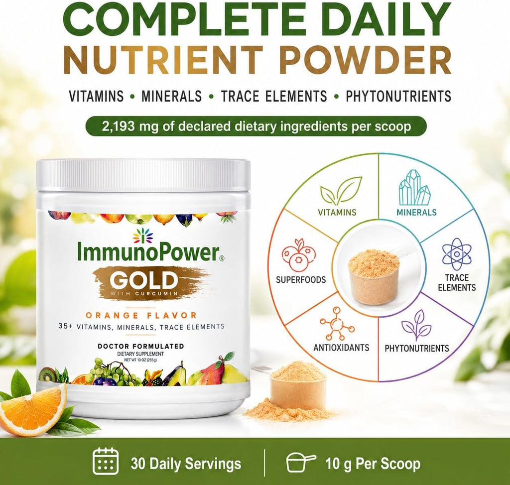 ImmunoPower Gold - Cúrcuma de Alta Absorción con BioPerine y 35+ Nutrientes - Sabor Naranja