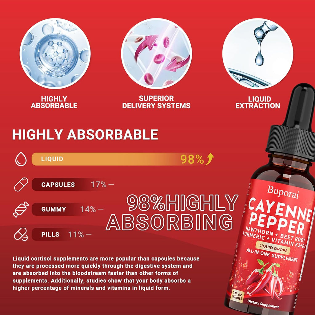 Buporai Gotas de Cayena, Extracto Líquido de Cayena para el Bienestar General, 60 ml, con Vitamina D3 K2 y Remolacha
