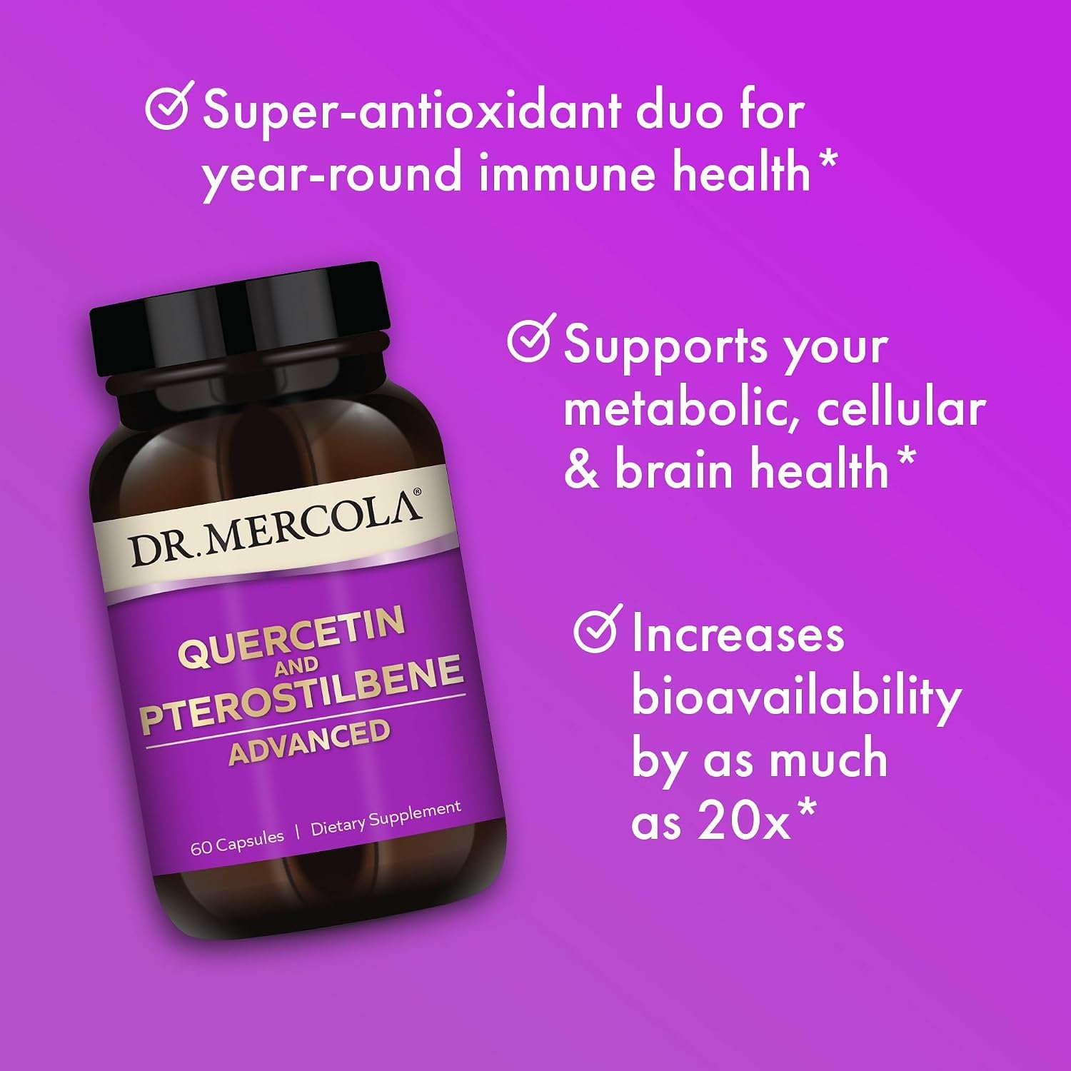 Dr. Mercola Quercetina y Pterostilbeno Advanced - 500 mg de Quercetina con Complejo Fitosómico - 60 Cápsulas
