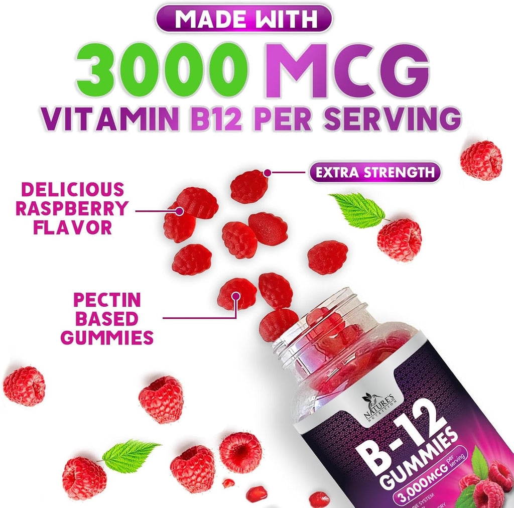 Gominolas de Vitamina B12 3000 mcg - Extra Fuerza, Sabor a Bayas, 60 Unidades