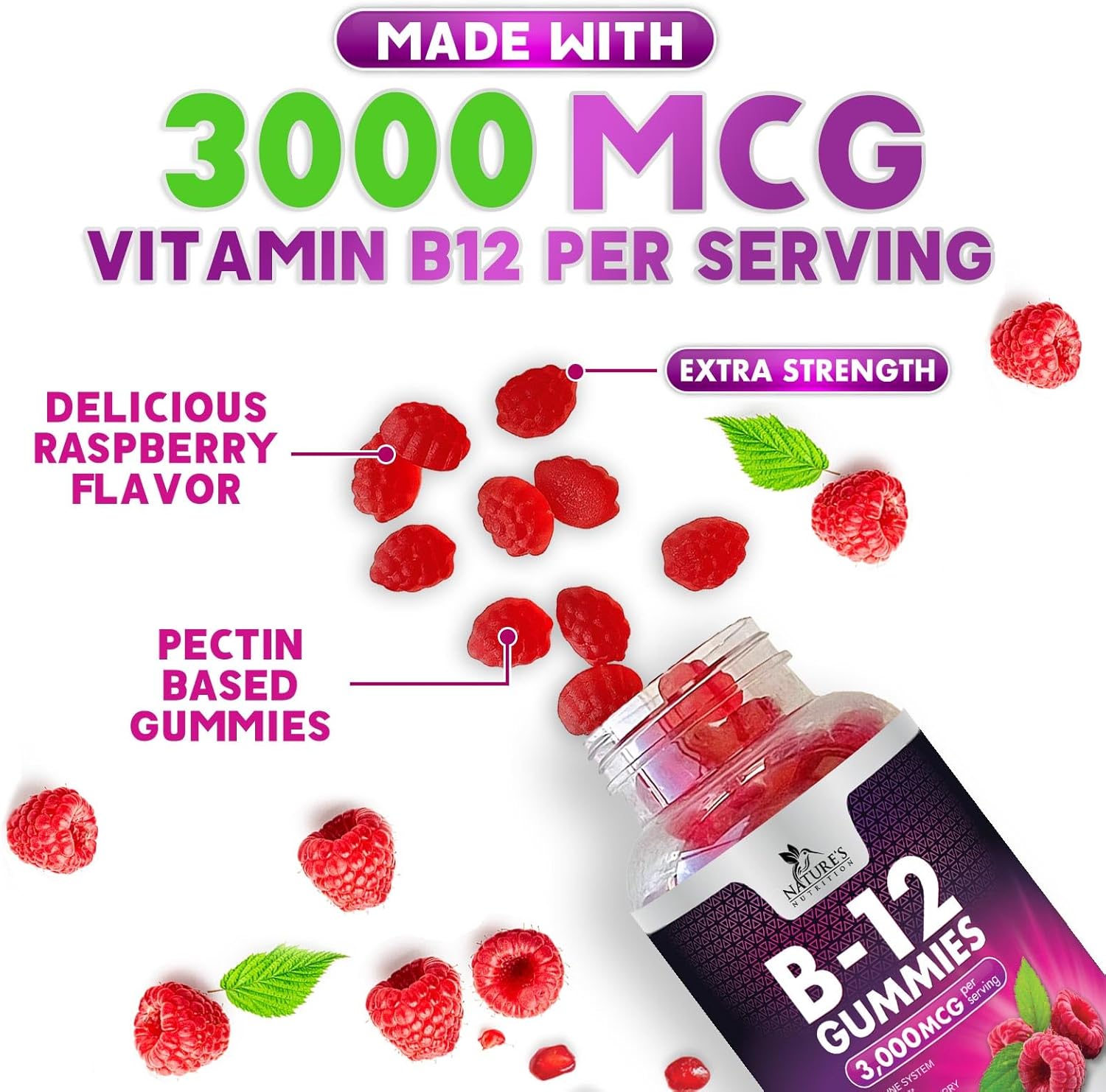 Gominolas de Vitamina B12 3000 mcg - Extra Fuerza, Sabor a Bayas, 60 Unidades