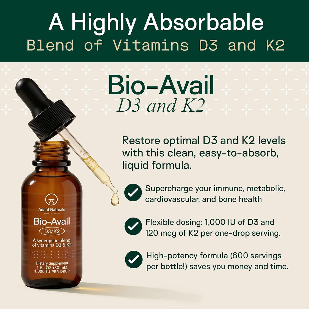 Adapt Naturals Vitamina D3 K2 1000 UI con MCT Oil - 30 ml (600 gotas)