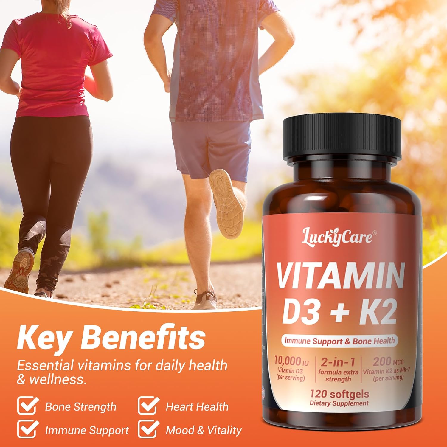 Luckycare Vitamina D3 K2 10000 UI + K2 (MK-7) 200 mcg, 120 Cápsulas Blandas con Aceite de Coco