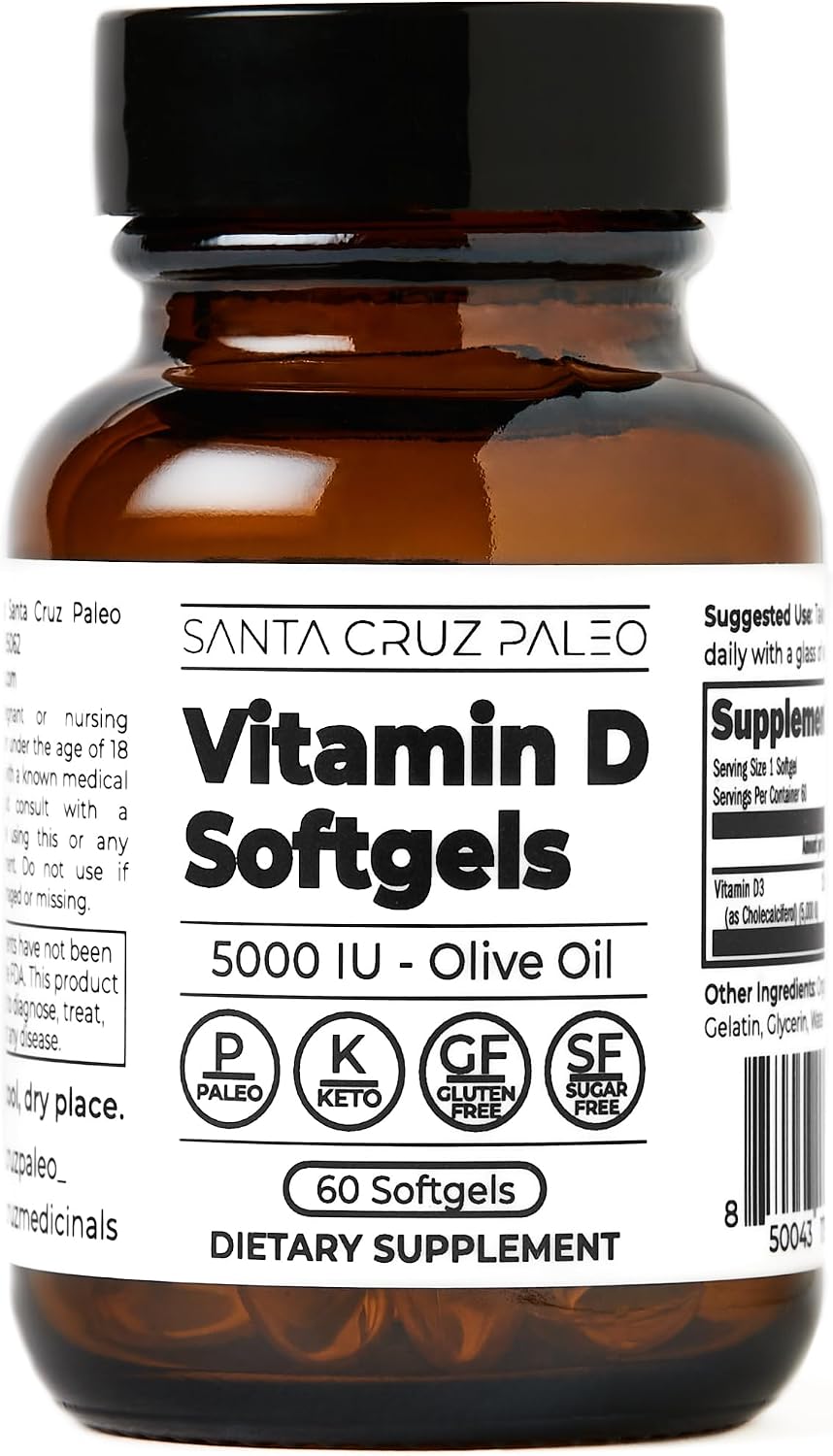 Santa Cruz Paleo Vitamina D3 5000 UI - 60 Cápsulas Blandas con Aceite de Oliva