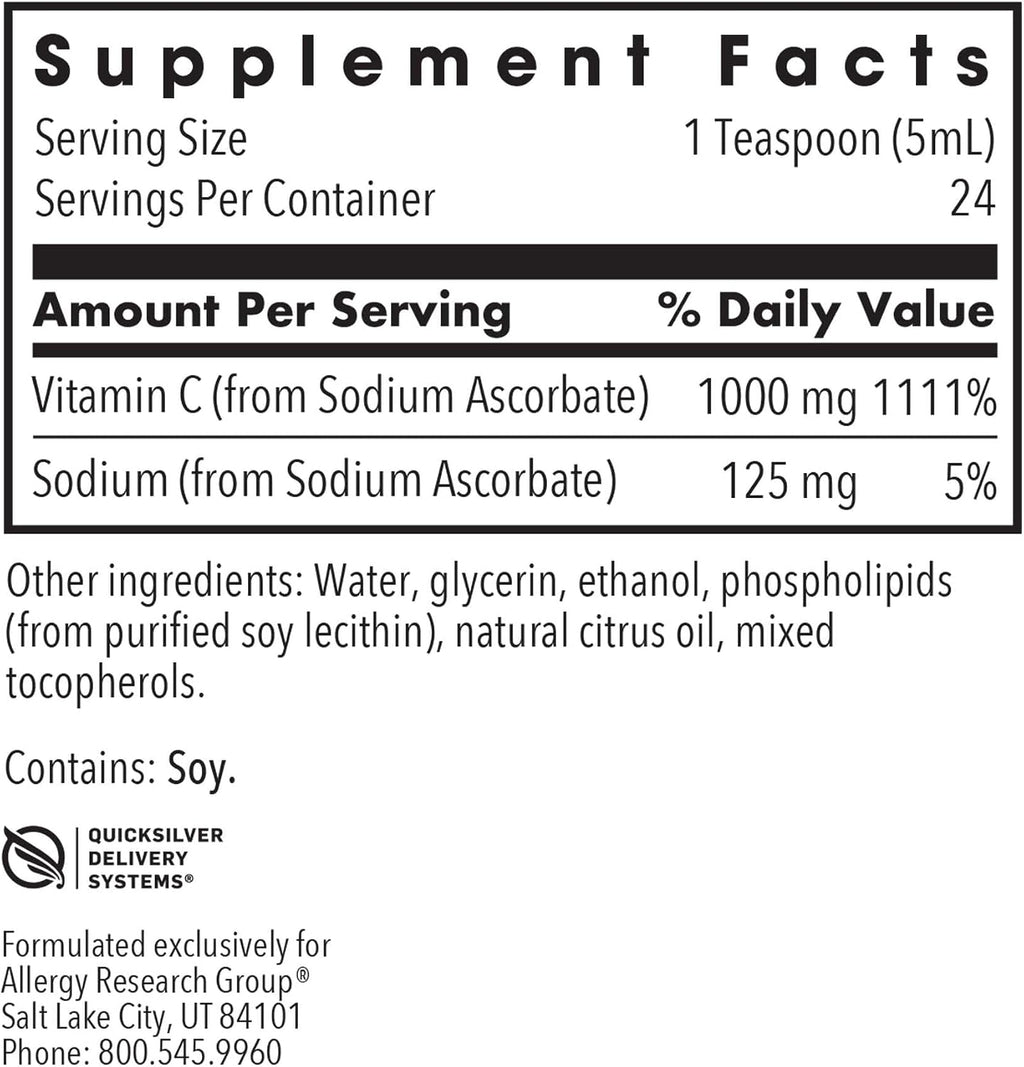 Allergy Research Group ARG Micro Liposomal C 1000 mg - Vitamina C Liposomal Líquida - Antioxidante de Absorción Mejorada - Apoyo Inmunológico y de Colágeno - Hipoalergénico y Sin OGM - 24 Porciones - 120 mL